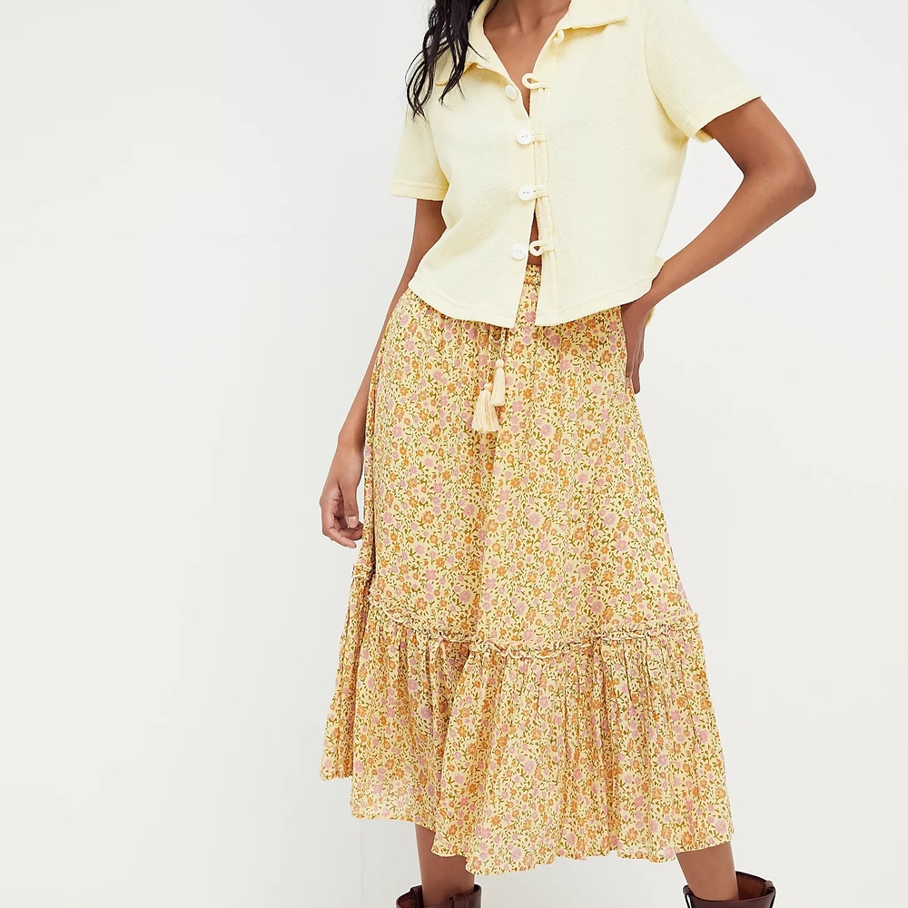 RARE Spell And The Gypsy Floral Yellow Floral Rae Midi Skirt Size Small